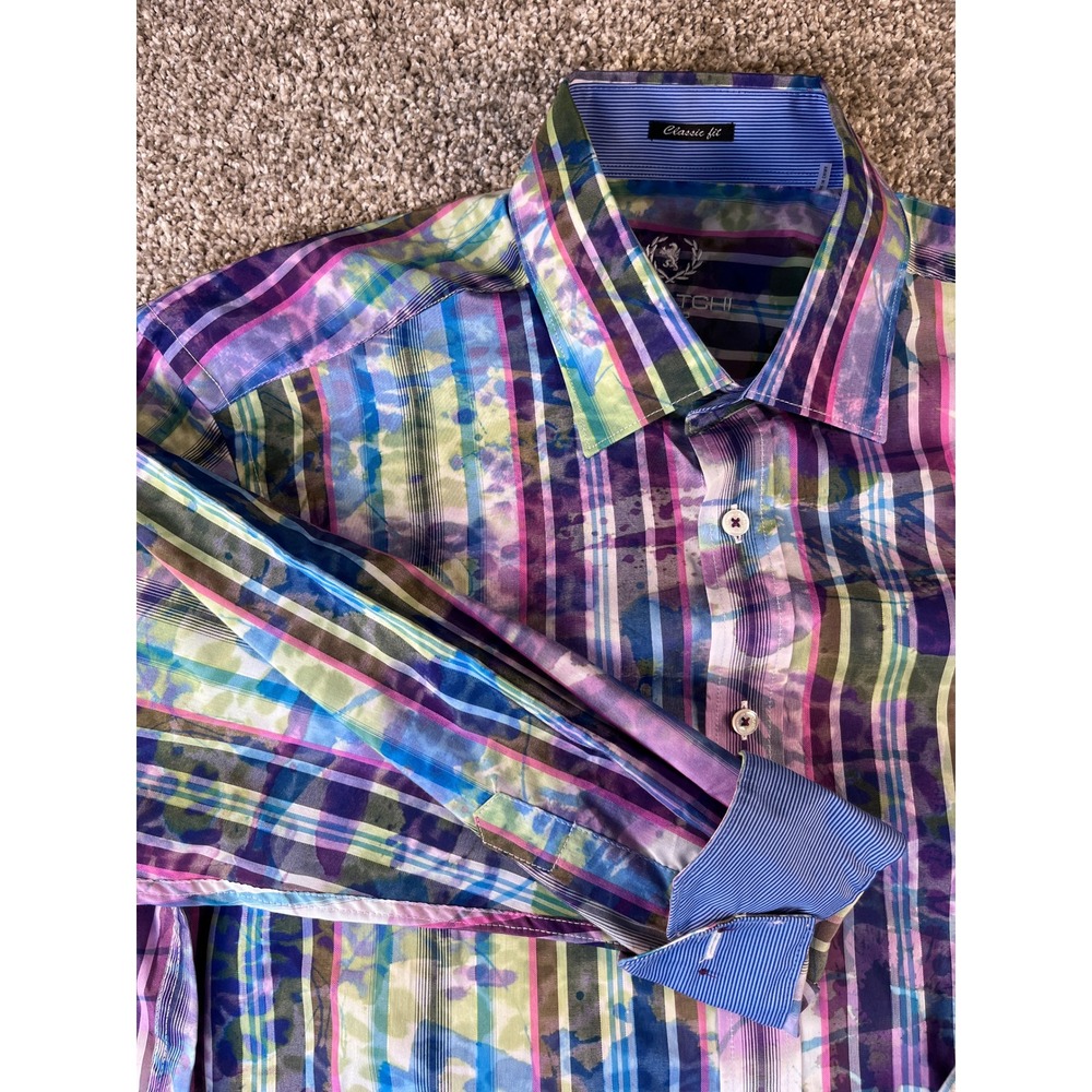 Bugatchi Button Shirt Mens Large Multicolor Flip Cuff Plaid Abstract Stripe